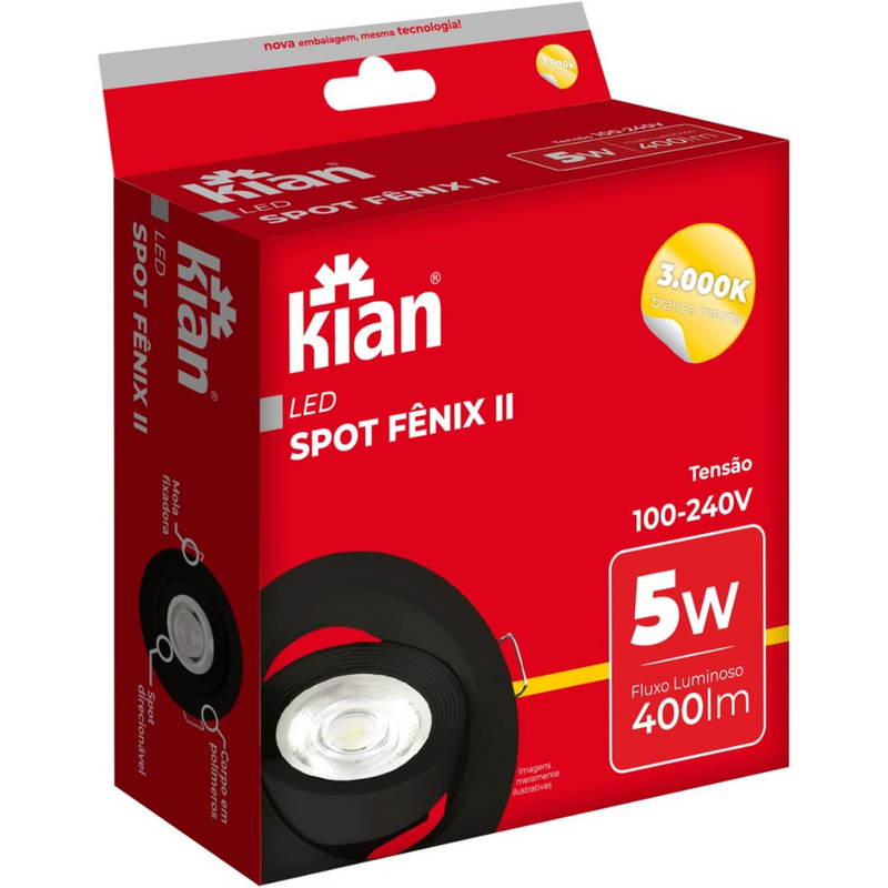 Spot LED Fênix II Redondo MR16 5W 3000K Preto - Kian